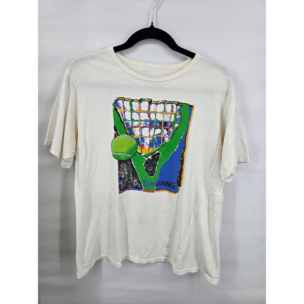Vintage Spalding Tennis Graphic T-Shirt Mens Medium Off White 90s Sportswear
